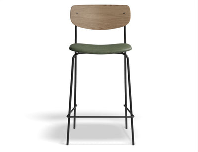 Rylie Stool - Padded Seat with Natural Backrest - 65cm Kitchen Height - Green Vegan Leather Seat