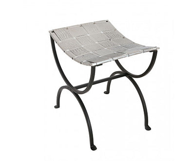 Small Black Dining Bench Seat with Woven Stainless Steel Top