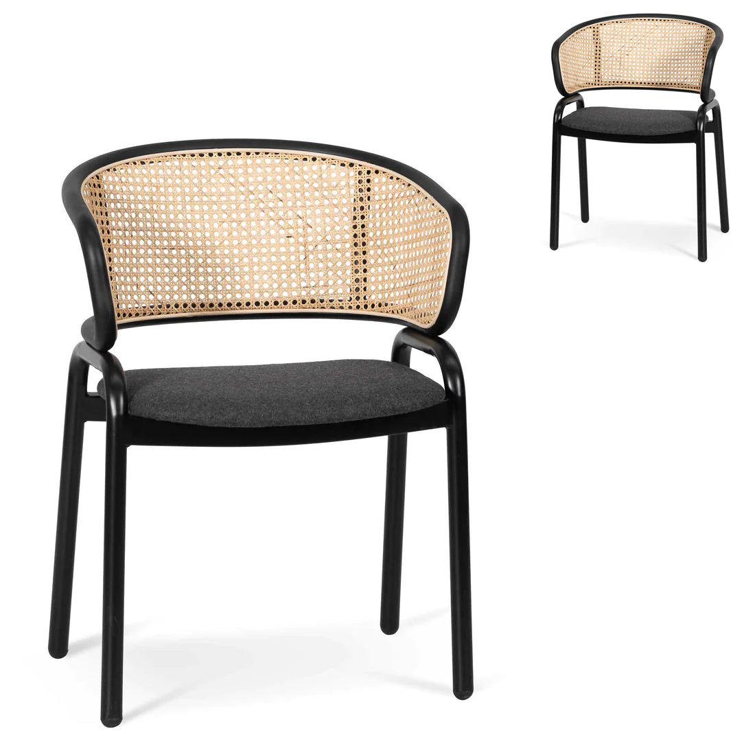 Fabric Dining Chair - Grey with Rattan Back(Set of 2)