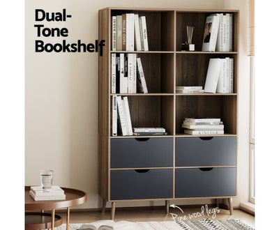 Artiss Bookshelf with 4 Drawers - MITZI Oak and Blue