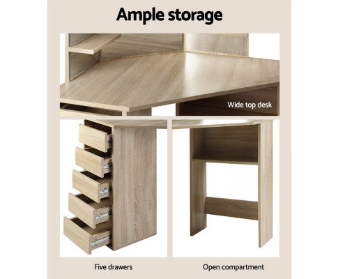 Artiss Dressing Table Stool Set Corner 5 Drawers Oak