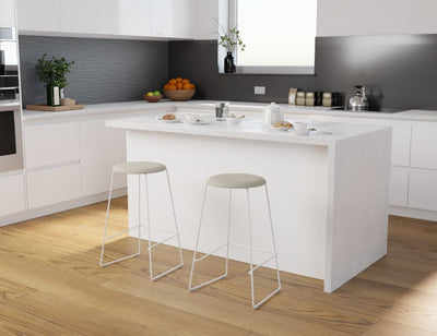 Hugo Bar Stool - White - Fabric Seat - 67cm Kitchen Height - Light Grey Fabric Seat