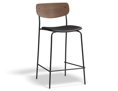 Rylie Stool - Padded Seat with Walnut Backrest - 65cm Kitchen Height - Black Vegan Leather Seat
