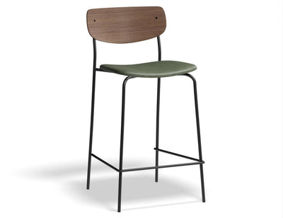Rylie Stool - Padded Seat with Walnut Backrest - 65cm Kitchen Height - Green Vegan Leather Seat