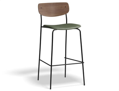 Rylie Stool - Padded Seat with Walnut Backrest - 75cm Bar Height - Green Vegan Leather Seat