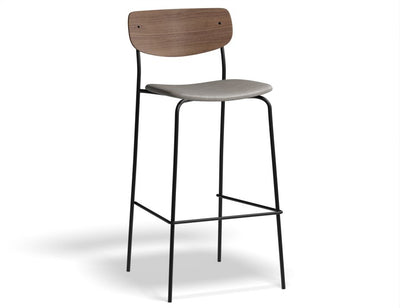 Rylie Stool - Padded Seat with Walnut Backrest - 75cm Bar Height - Grey Vegan Leather Seat