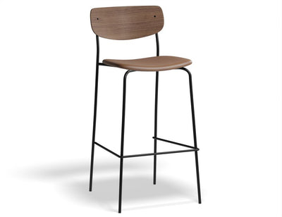 Rylie Stool - Padded Seat with Walnut Backrest - 75cm Bar Height - Tan Vegan Leather Seat