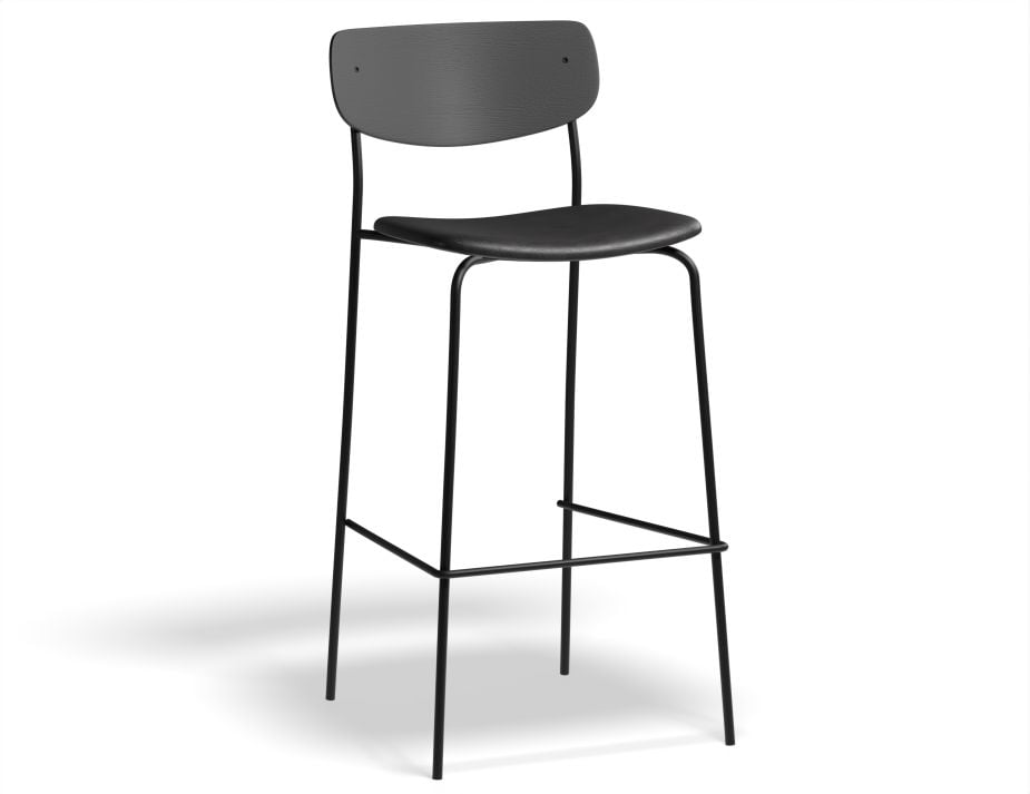 Rylie Stool - Padded Seat with Black Backrest - 75cm Bar Height - Black Vegan Leather Seat
