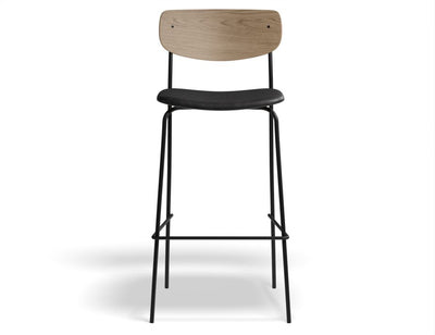 Rylie Stool - Padded Seat with Natural Backrest - 75cm Bar Height - Black Vegan Leather Seat