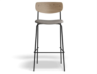 Rylie Stool - Padded Seat with Natural Backrest - 75cm Bar Height - Grey Vegan Leather Seat