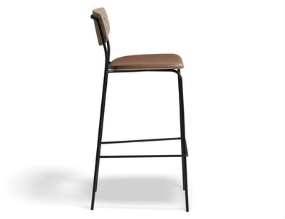 Rylie Stool - Padded Seat with Natural Backrest - 65cm Kitchen Height - Grey Vegan Leather Seat