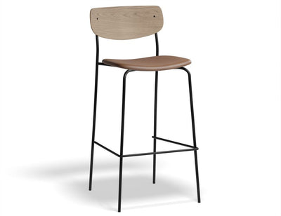 Rylie Stool - Padded Seat with Natural Backrest - 65cm Kitchen Height - Grey Vegan Leather Seat
