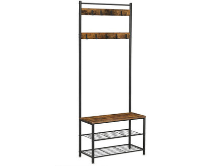 Rustic Brown Coat Rack Stand with Hallway Shoe Rack and Bench with Shelves Matte Metal Frame Height 175 cm