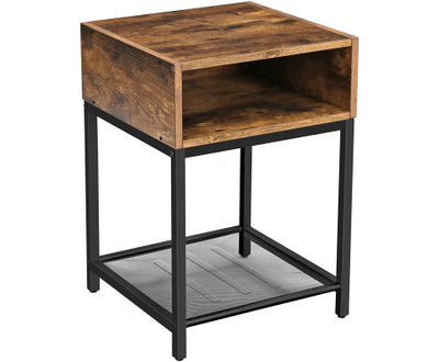 Side Table with Open Compartment and Mesh Shelf Rustic Brown and Black