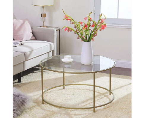 VASAGLE Round Coffee Table Glass Table with Steel Frame Gold LGT21G