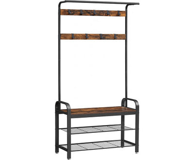 VASAGLE Coat Rack Hall Tree with Shoe Bench 3-in-1 Design Rustic Brown and Black