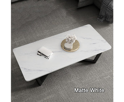 120x60cm Matte White Minimalist Slate Coffee Table Marble Tea Table Living Room Rectangle Cocktail Side Table Solid Metal Legs