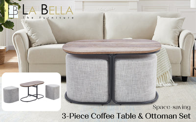3 Piece Set Coffee Table & Ottoman Wood Side End Table Industrial - CREAM GREY