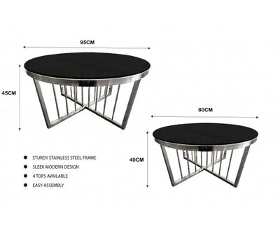 Salina Coffee Table 80cm Silver Base - Black Glass