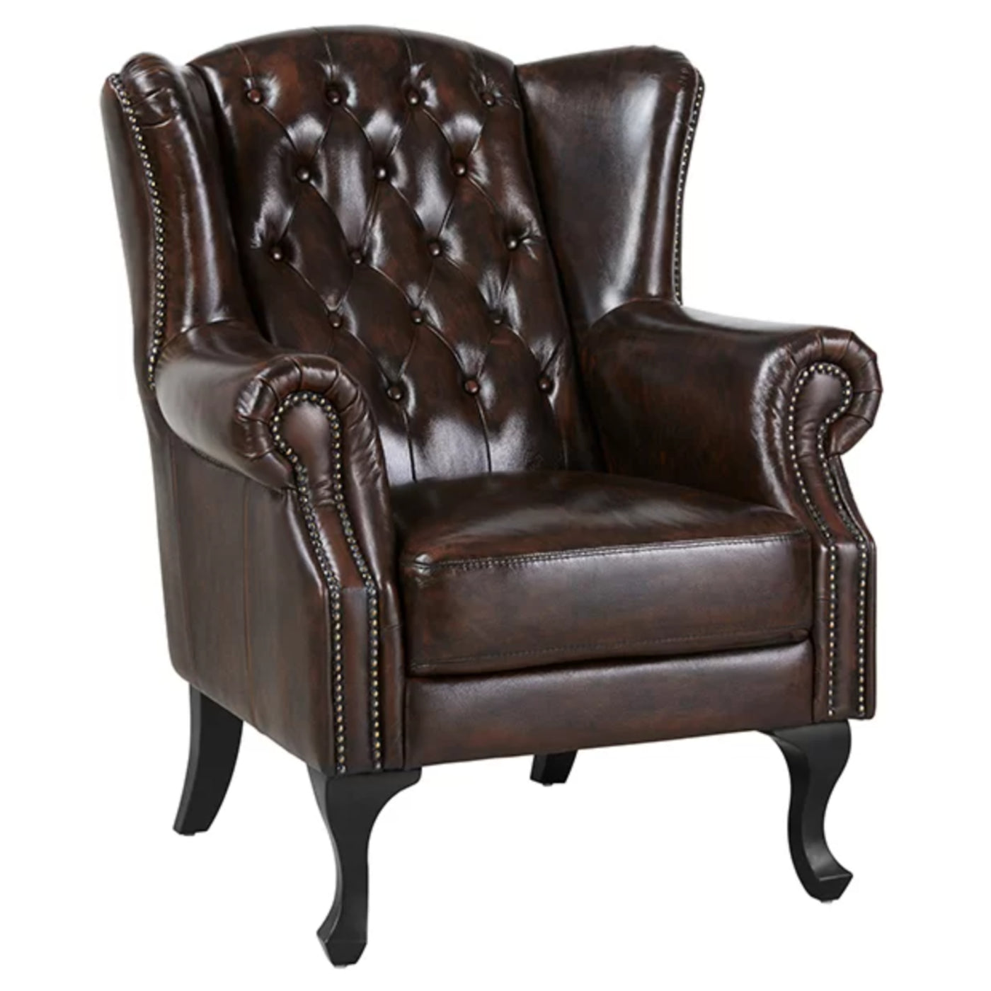Max Chesterfield Winged Armchair Ottoman Footstool Sofa Leather Antique Brown