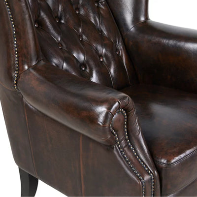 Max Chesterfield Winged Armchair Ottoman Footstool Sofa Leather Antique Brown