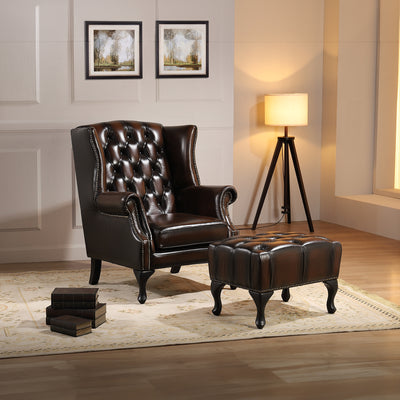 Max Chesterfield Winged Armchair Single Seater Sofa Genuine Leather Antique Brown
