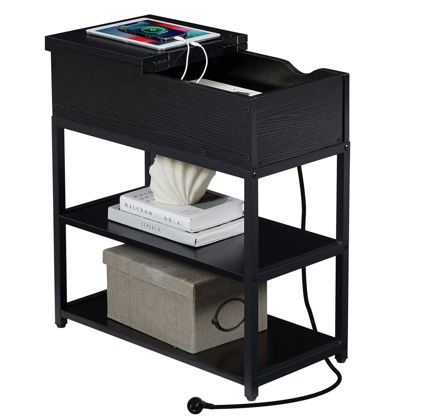 Casadiso Sofa Side Table with Integrated Charging Station - Multi-Tier Black Side Table with Built-in Power Board (Casadiso Saiph Pro)