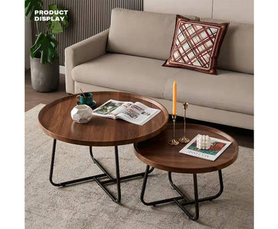 Removable Set of 2 Round Coffee Table Walnut Nesting Side End Table Furniture
