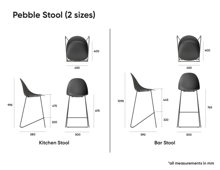Pebble Grey Stool Shell Seat - Counter Stool 66cm Seat Height - Black Frame