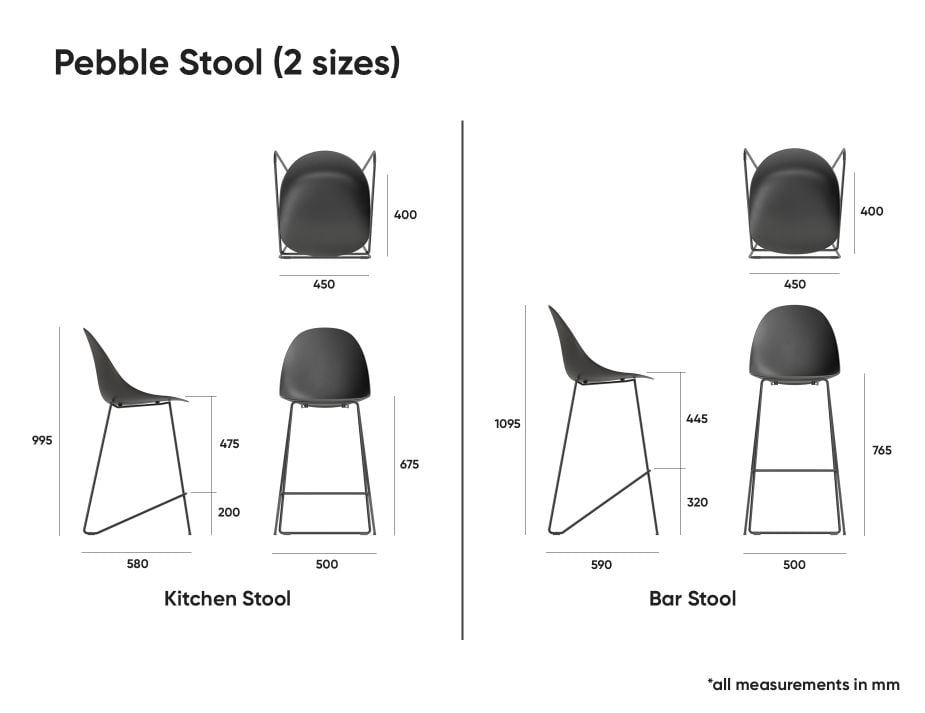 Pebble Blue Stool Shell Seat - Bar Stool 75cm Seat - Black Base