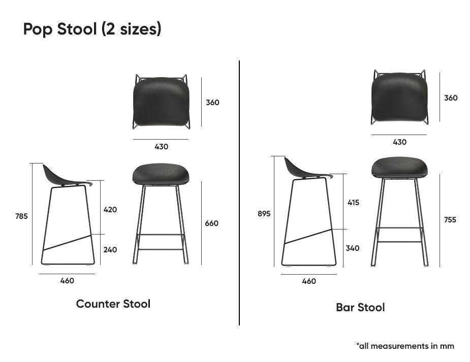 Pop Stool - Black Frame and Upholstered Vintage Grey Seat - 75cm Commercial Bar Height