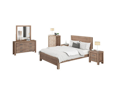 5 Pieces Bedroom Suite in Solid Wood Veneered Acacia Construction Timber Slat Single Size Oak Colour Bed, Bedside Table , Tallboy & Dresser
