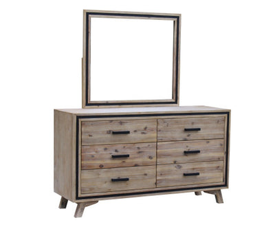 Dresser with 6 Storage Drawers in Solid Acacia With Mirror in Silver Brush Colour