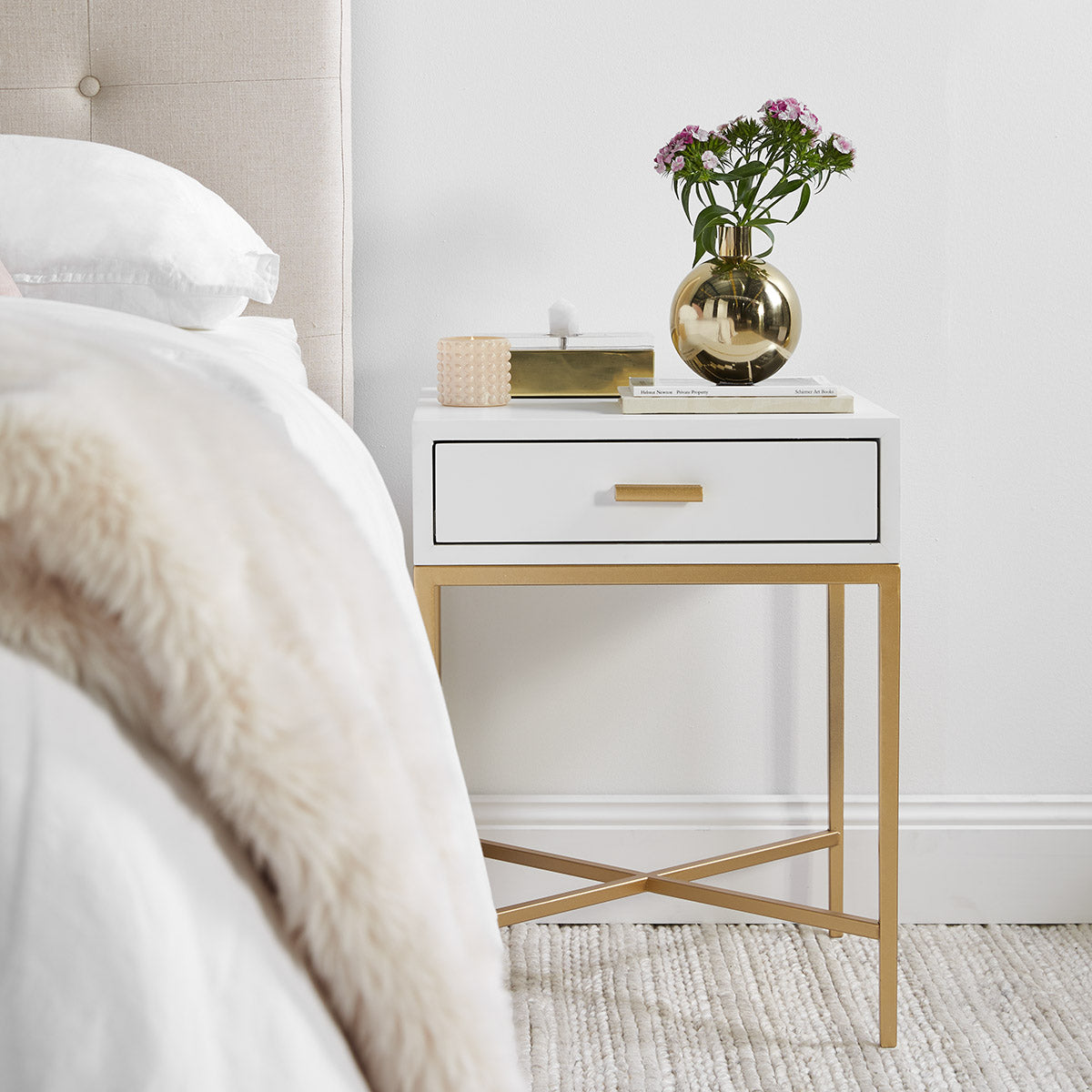Nessa White Bedside Table - Gold