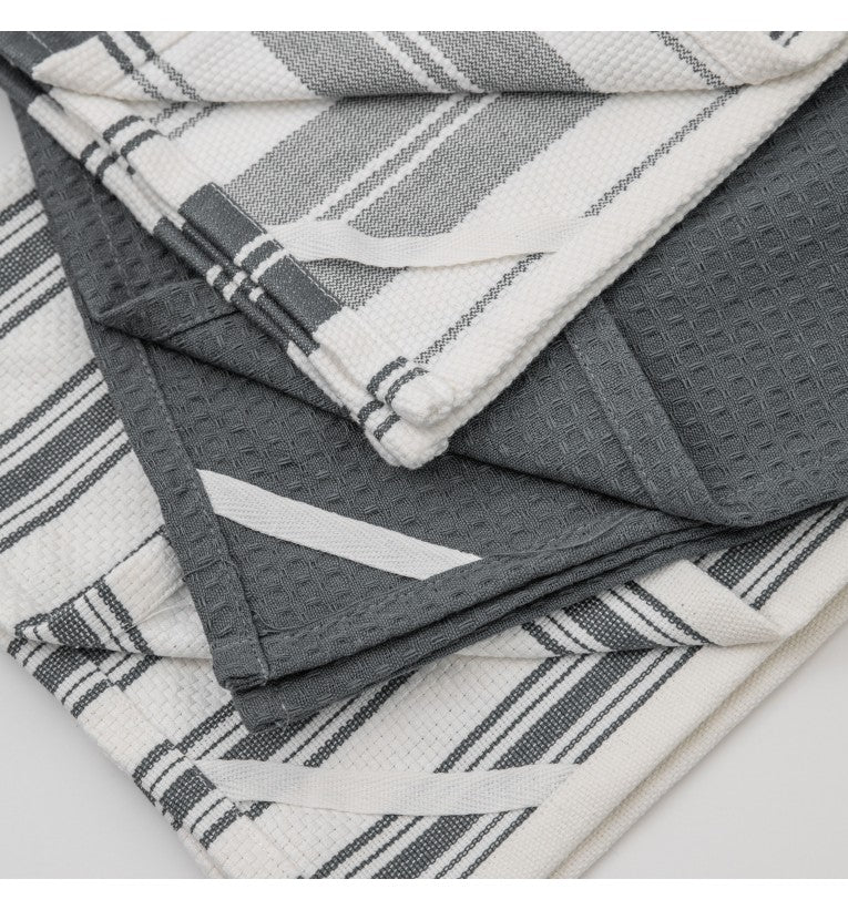 Organic Cotton Stripe Tea Towel Charcoal (3pk)