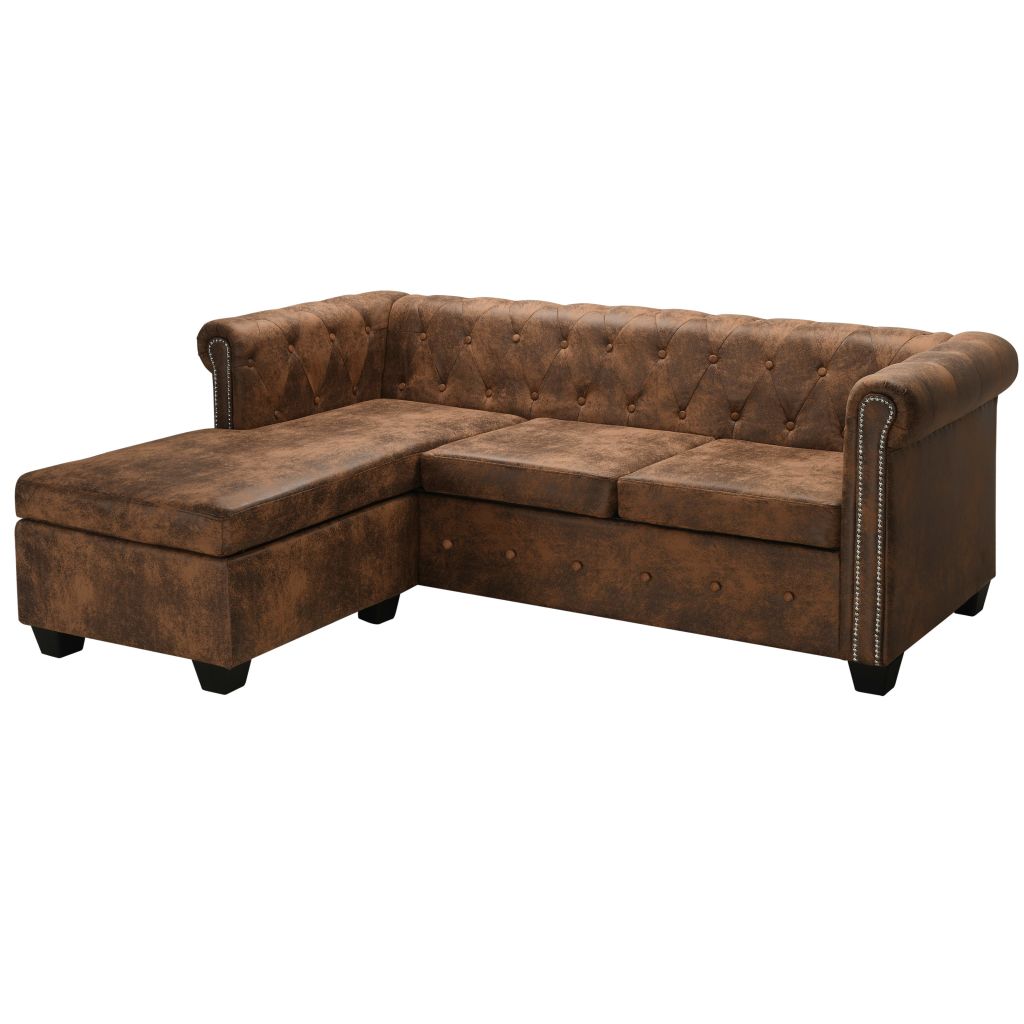 vidaXL L-shaped Chesterfield Sofa Artificial Suede Leather Brown - House of Isabella AU
