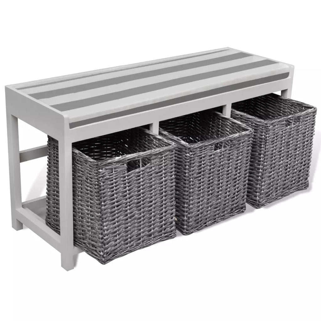 White Storage & Entryway Bench with Cushion Top 3 Basket - House of Isabella AU
