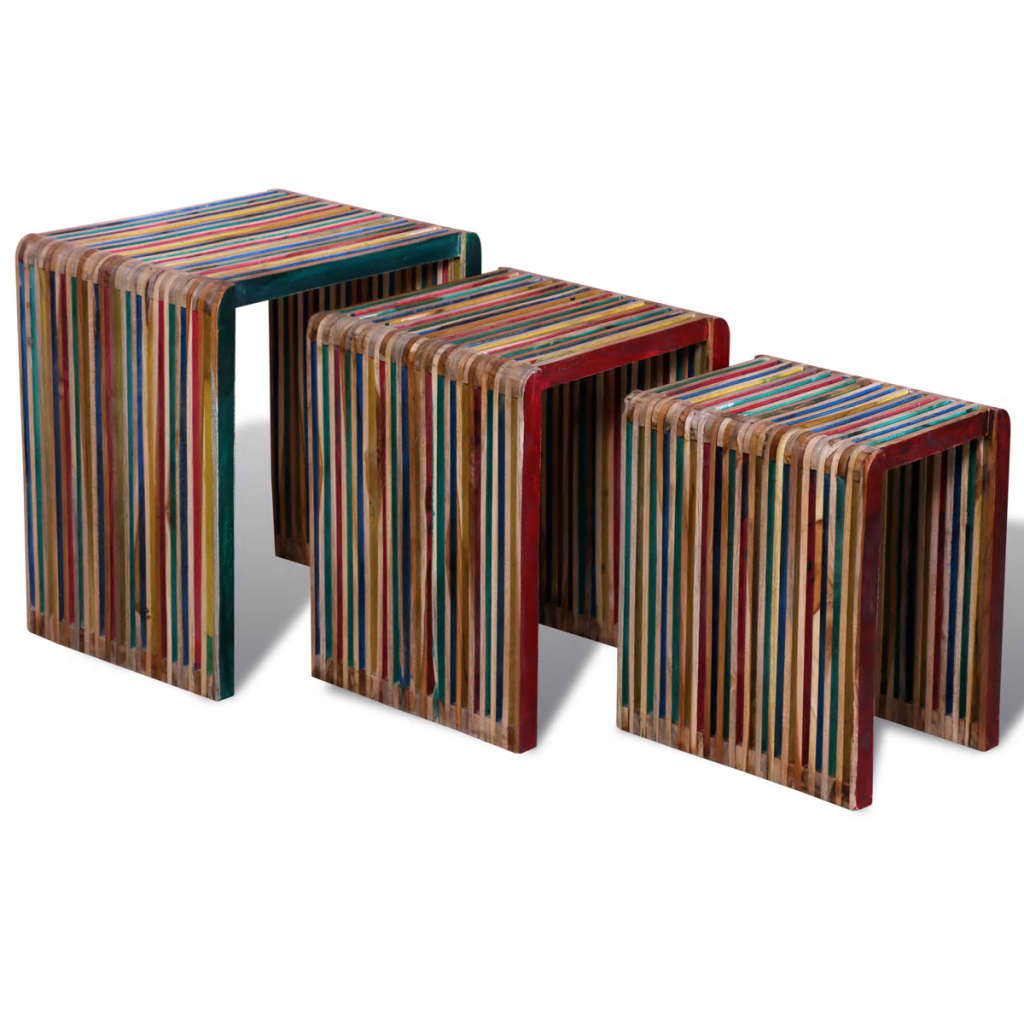 Nesting Table Set 3 Pieces Colourful Reclaimed Teak