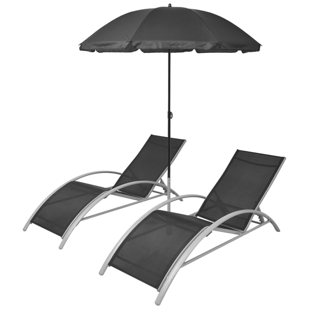 Sun Loungers with Umbrella Aluminium Black