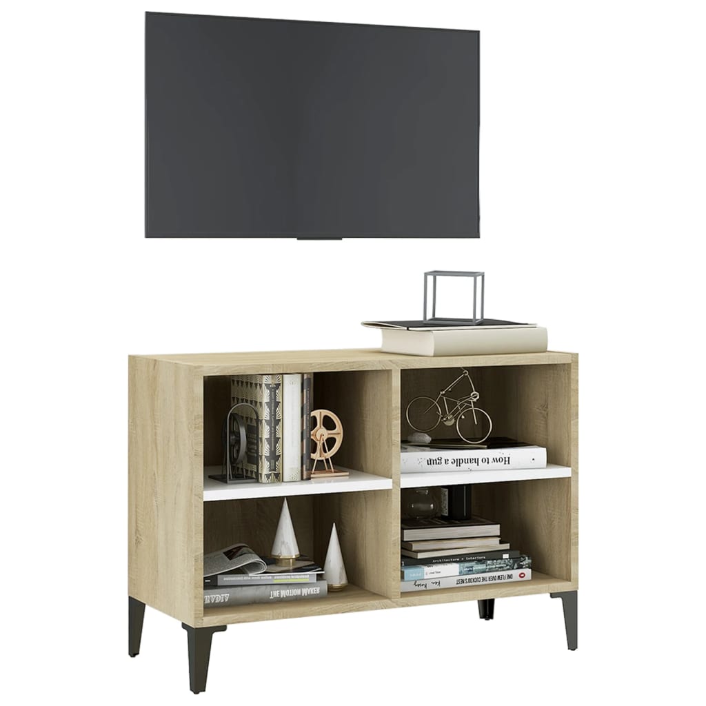TV Cabinet with Metal Legs White and Sonoma Oak 69.5x30x50 cm