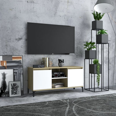 TV Cabinet with Metal Legs White and Sonoma Oak 103.5x35x50 cm