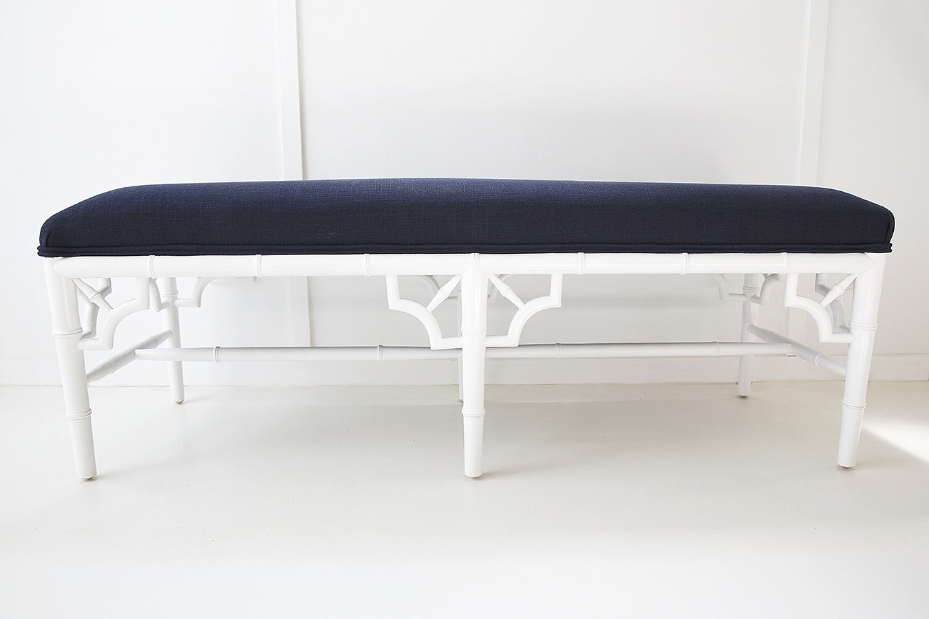 White Chippendale Bench Seat | Bed End | Navy Cushion