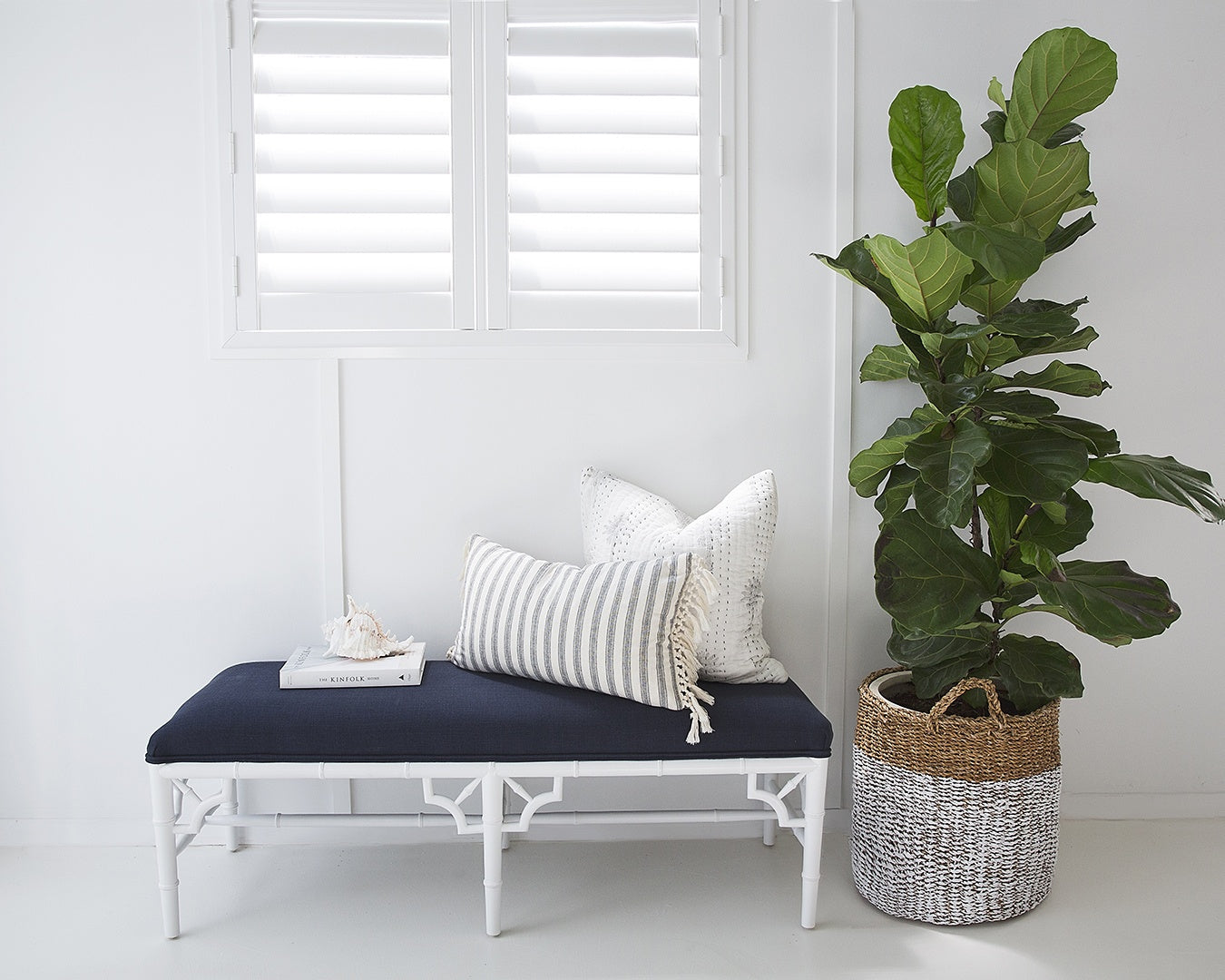 White Chippendale Bench Seat | Bed End | Navy Cushion