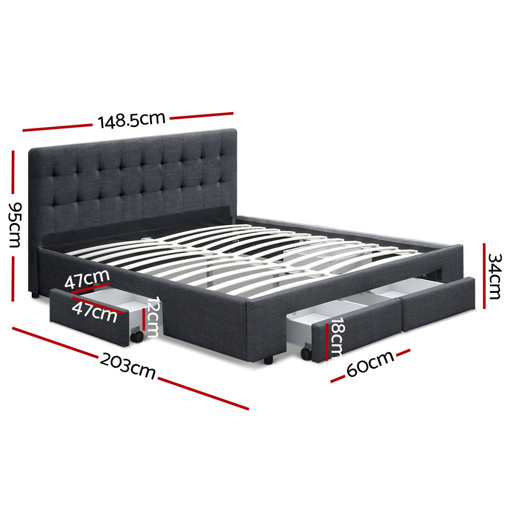 Artiss Double Size Fabric Bed Frame Headboard with Drawers  - Charcoal