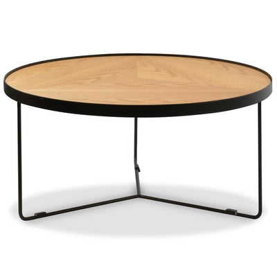 90x45cm Round Coffee Table - Natural Top - Black Frame