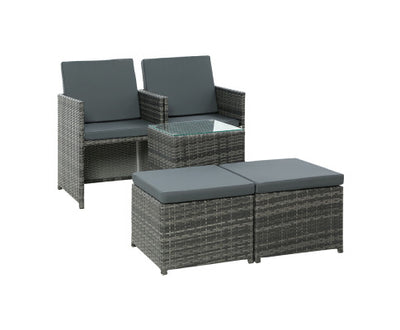 Gardeon 5PC Bistro Set Wicker Table and Chairs Ottoman Outdoor Furniture Grey