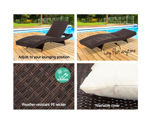 Gardeon 2PC Sun Lounge Wicker Lounger Outdoor Furniture Beach Chair Garden Adjustable Brown