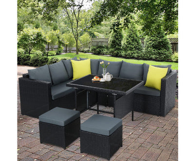 Gardeon Outdoor Dining Set Aluminum Table Chairs Wicker Setting Black