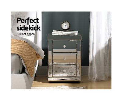 Artiss Bedside Table 3 Drawers Mirrored X2 - PRESIA Silver
