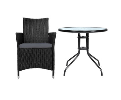 Gardeon 3PC Bistro Set Outdoor Furniture Rattan Table Chairs Cushion Patio Garden Idris